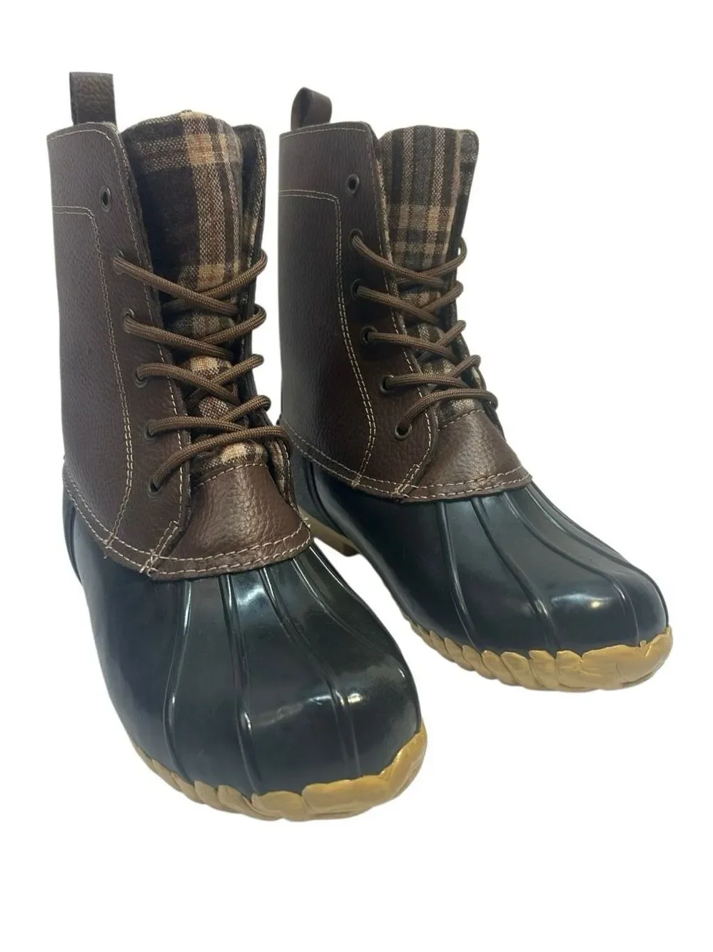 Sporto Jessica Women's Size 9M Duck Boots Brown Plaid Lined Rain Winter Lace Up